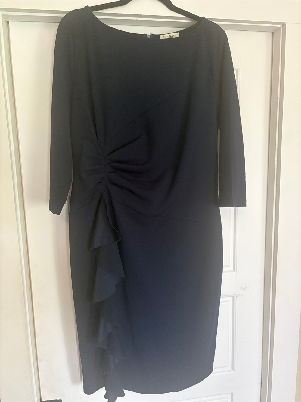 Classic Navy Midi Dress with Side Ruffle Detail